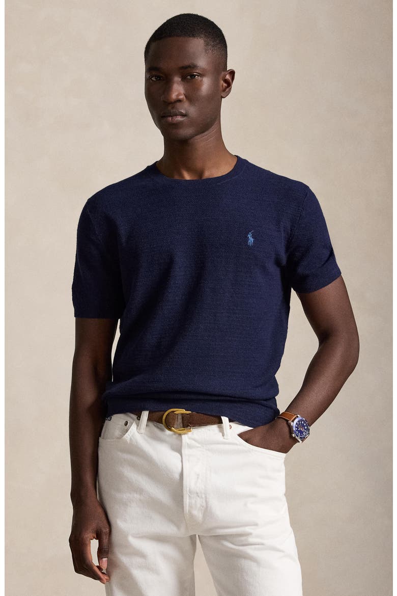Cotton & Linen Piqué Short Sleeve Sweater, Alternate, color, BRIGHT NAVY