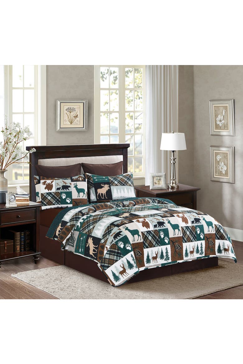 Fletcher Forest Rustic Lodge Cotton Quilt Set - Reversible and Machine Washable, Main, color, Brown