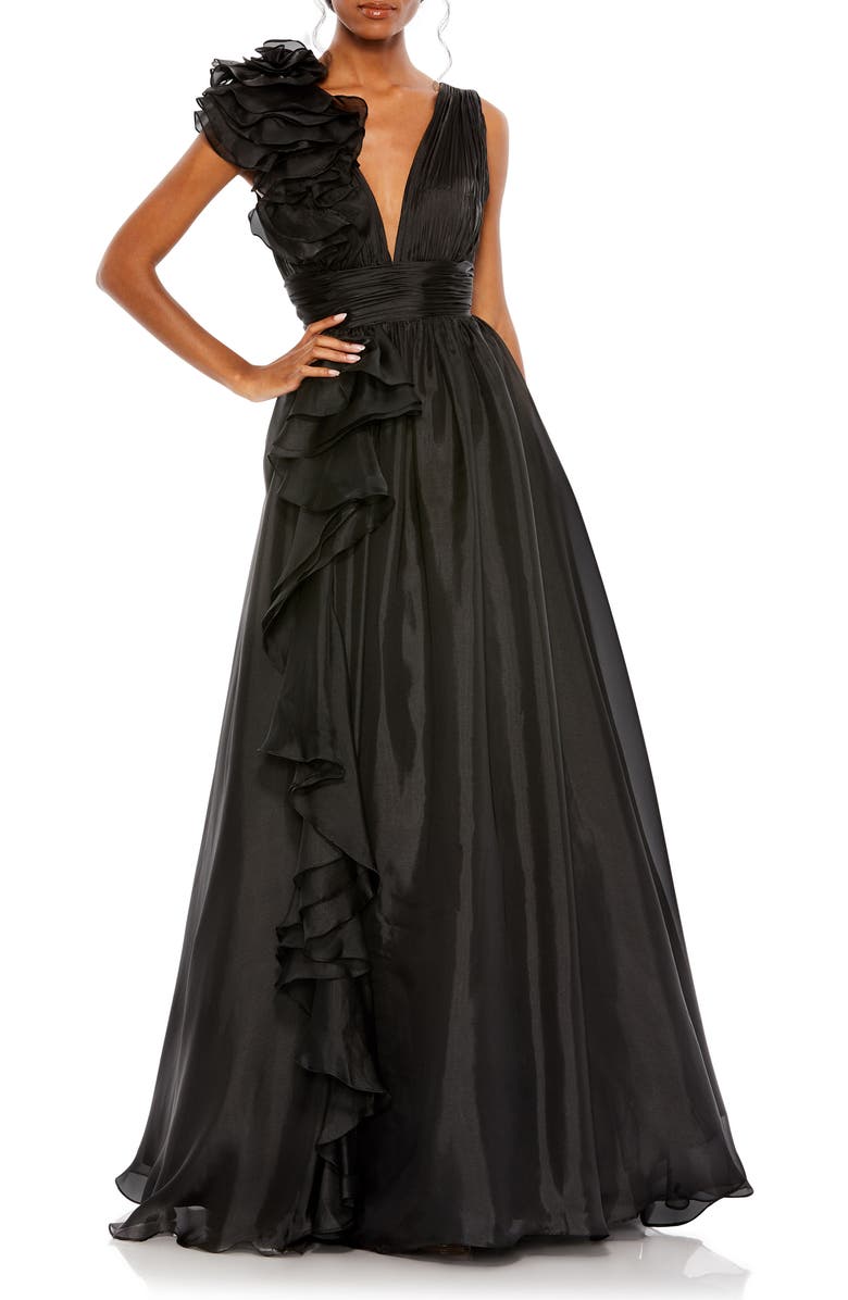 Mac Duggal Ruffle Shoulder V-Neck Chiffon Gown, Main, color, Black