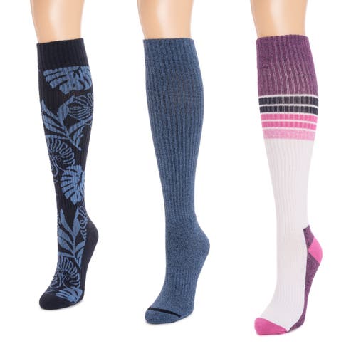 Muk Luks Cotton Rib Compression Knee-high Socks 3 Pair Pack Wide Size In Purple