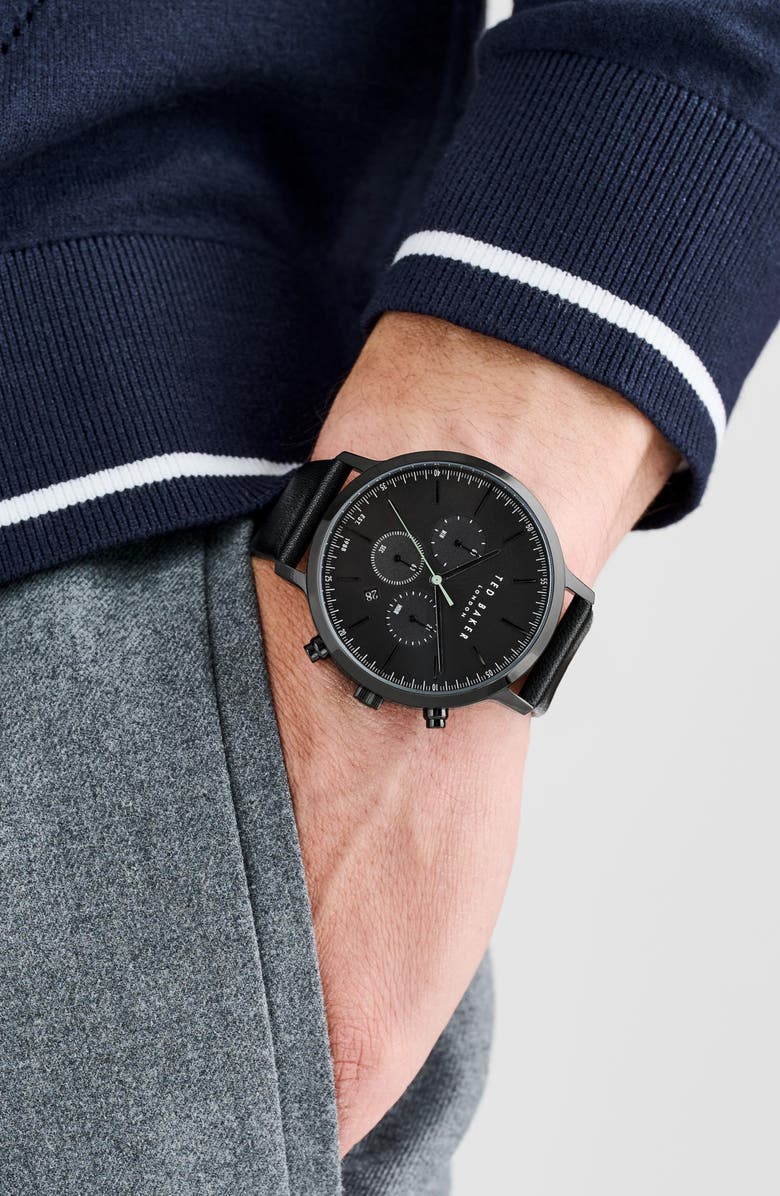 Ted Baker Haarvin Chronograph Leather Strap Watch, 44mm, Alternate, color, Black