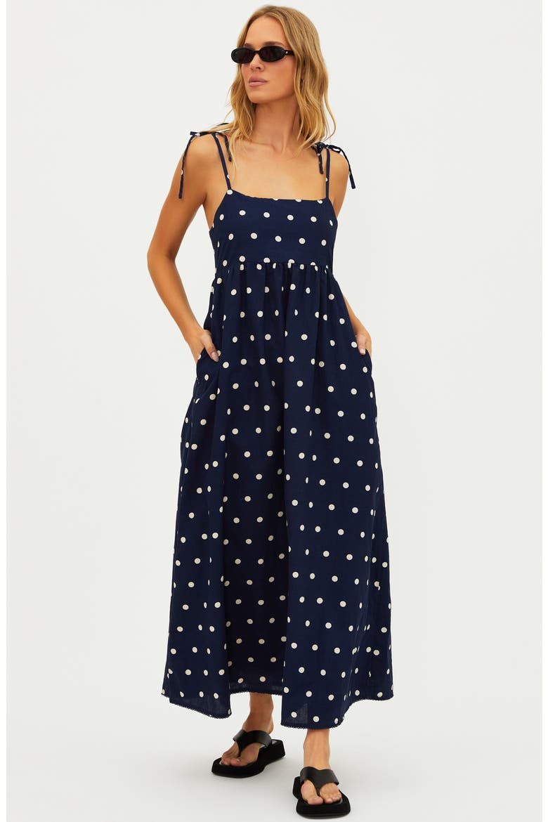Valory Tie Strap Cotton & Linen Cover-Up Maxi Dress, Alternate, color, NAVY POLKA DOT