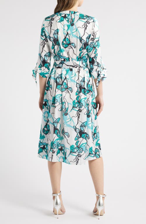Ming Wang Abstract Print Tie Waist A-line Midi Dress In Emerald Awe Multi