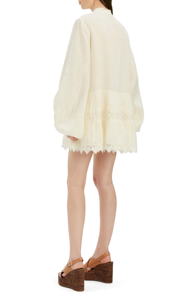 Bardot Antonia Lace Trim Long Sleeve Linen Minidress, Alternate, color, Eggnog