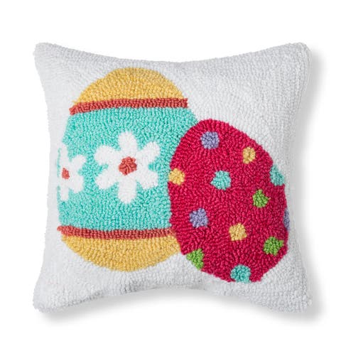 Easter Eggs White Mini Hooked Accent Pillow 12" x 12"