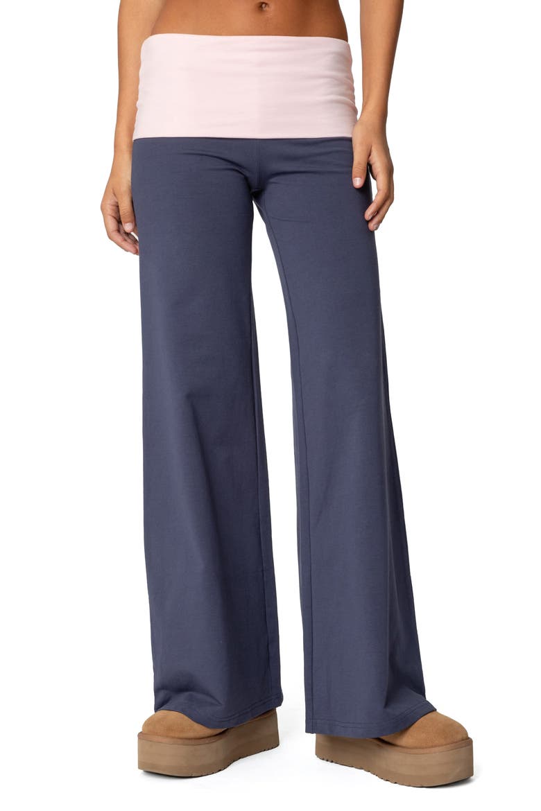 Foldover Contrast Wide Leg Pants, Main, color, NAVY