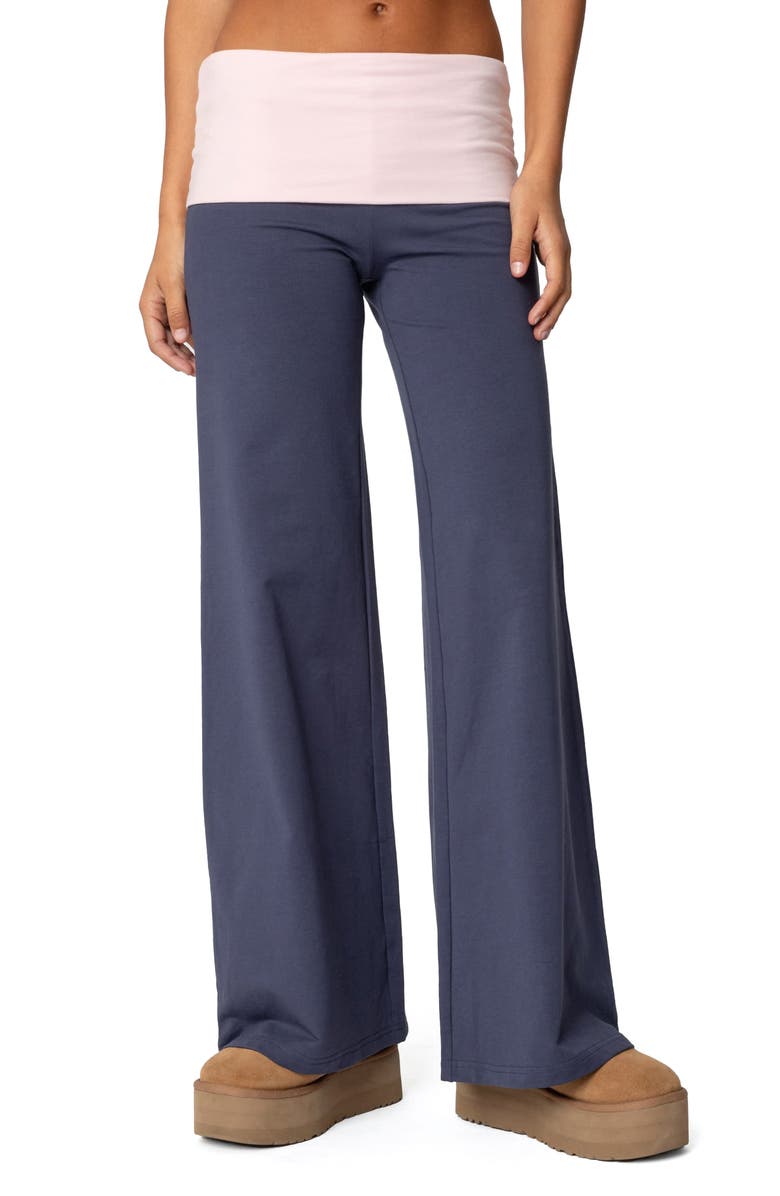 EDIKTED Foldover Contrast Wide Leg Pants, Main, color, Navy