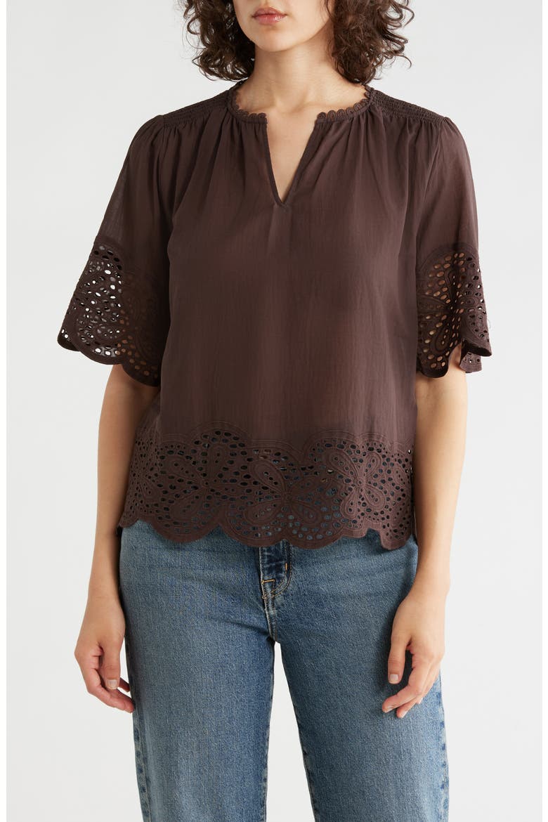 Embroidered Cotton Top, Main, color, COCOA BEAN