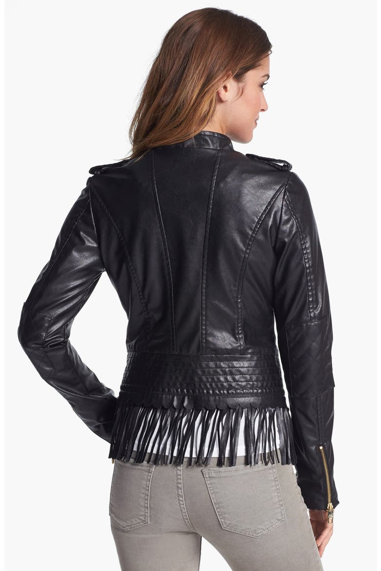 Fringe Trim Faux Leather Jacket, Alternate, color, BLACK