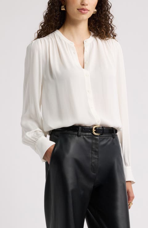 Shirred Long Sleeve Button Up Shirt