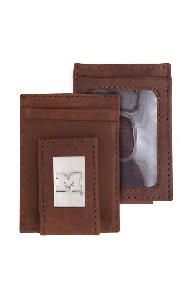 EAGLES WINGS Brown Michigan Wolverines Leather Front Pocket Wallet, Main, color,