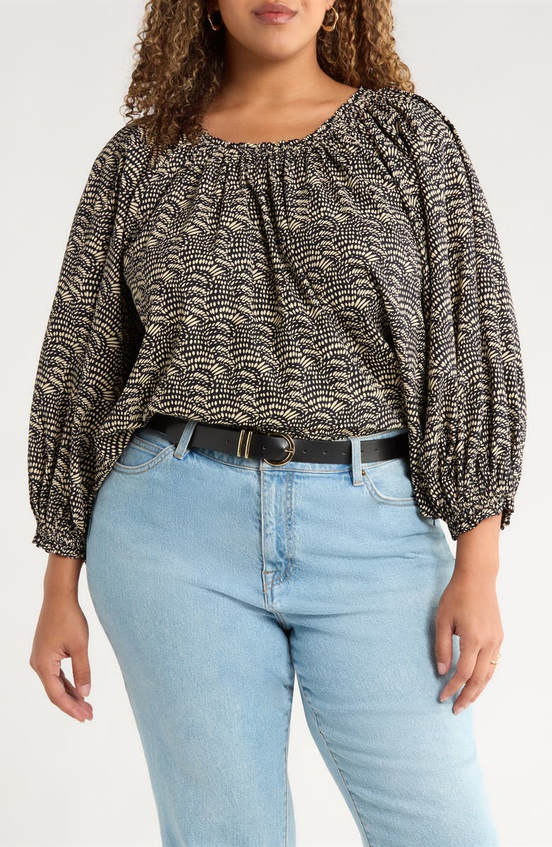 Treasure & Bond Long Sleeve Print Top, Main, color, Black- Ivory Coco Fan