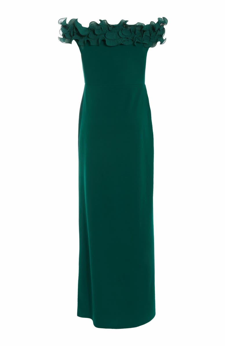 QUIZ Scuba Crepe Ruffle Bardot Ruched Maxi Dress, Alternate, color, 