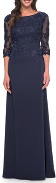 La Femme Jersey Gown with Boat Neckline and Lace Detailing