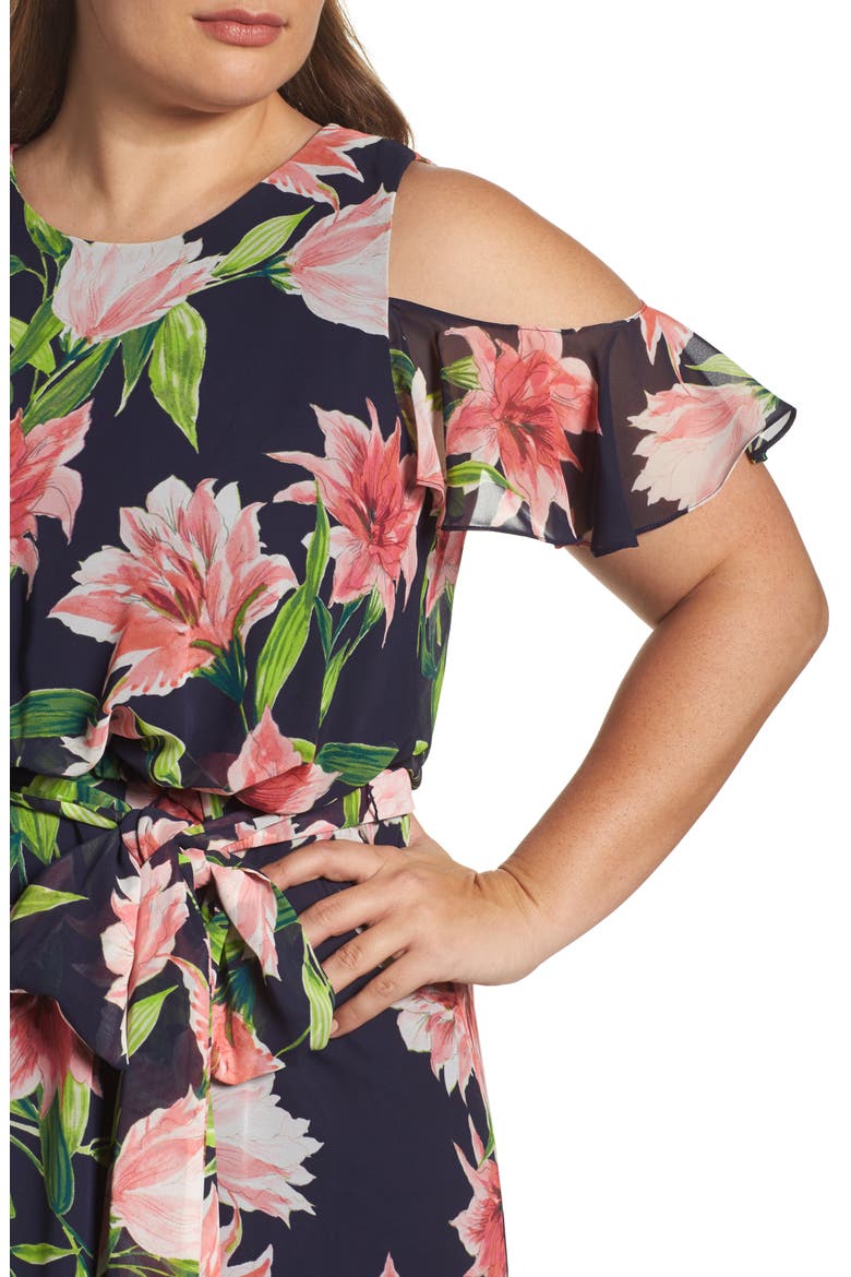 Floral Chiffon Cold Shoulder Maxi Dress, Alternate, color, NAVY/ CORAL
