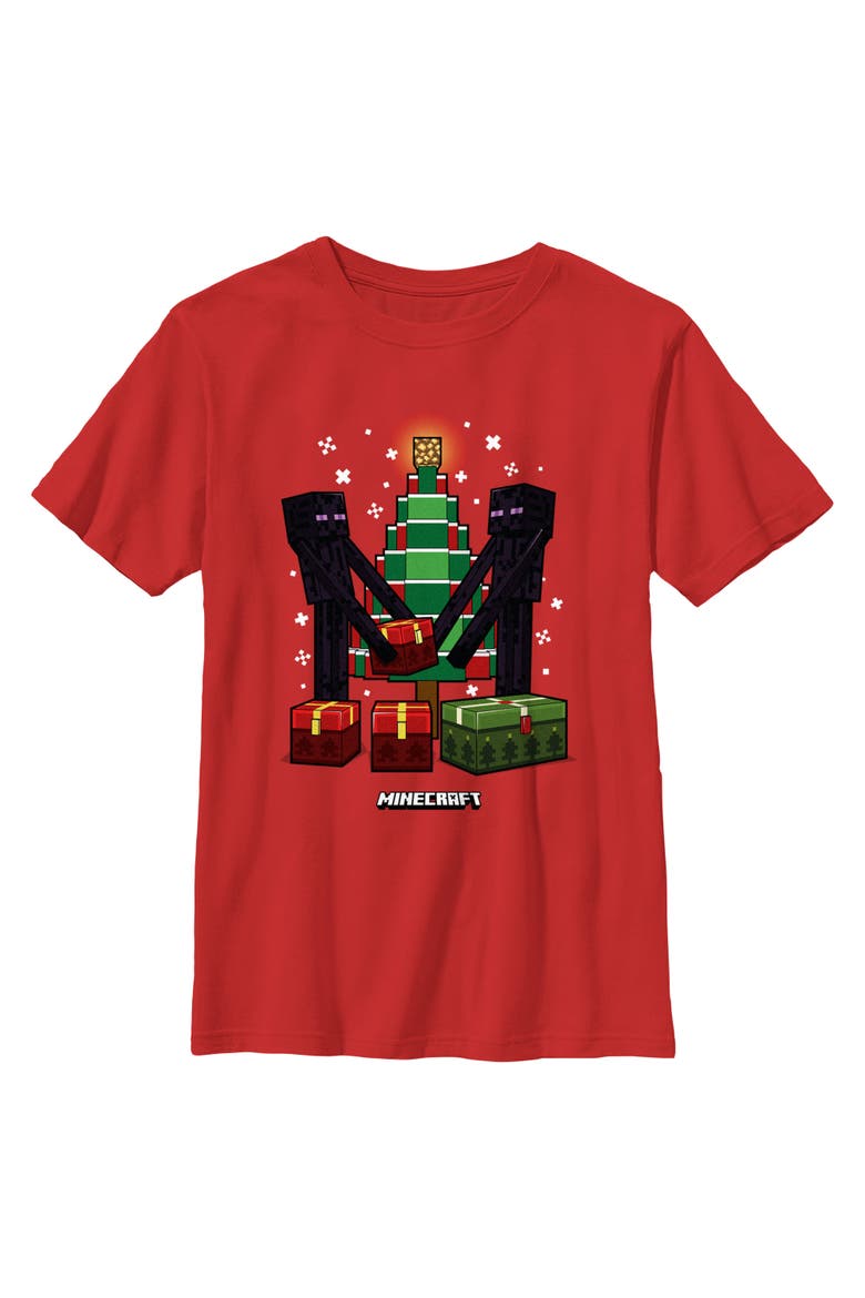 Boy's Minecraft Christmas Tree Endermans  Graphic T-Shirt, Main, color, Red