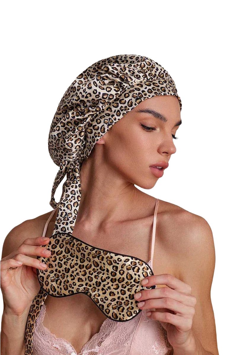SILKSILKY Pure Silk Bonnet+Eye Mask Set, Alternate, color, Leopard