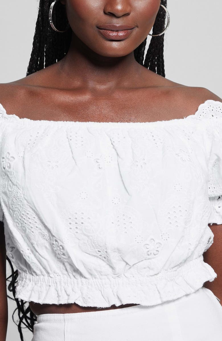 GUESS Frida Eyelet Embroidered Off the Shoulder Crop Top, Alternate, color, 