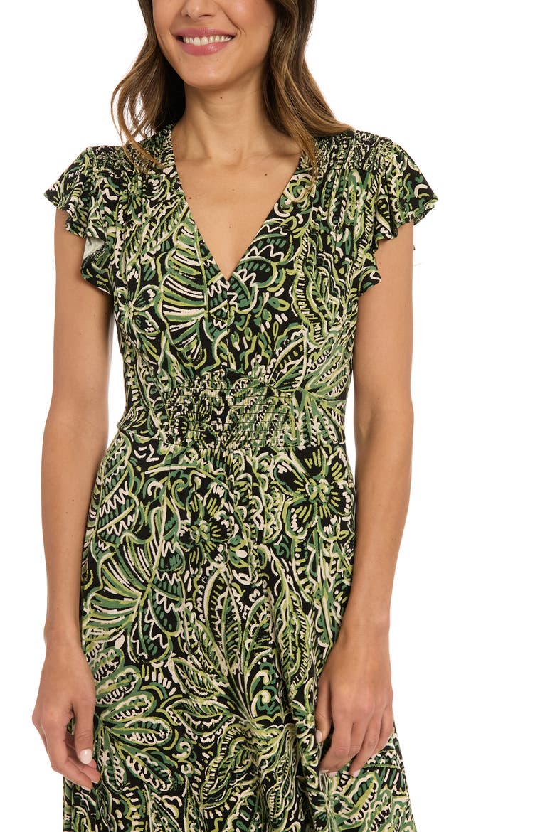 Flutter Sleeve Smocked A-Line Maxi Dress, Alternate, color, BLACK/ GREEN