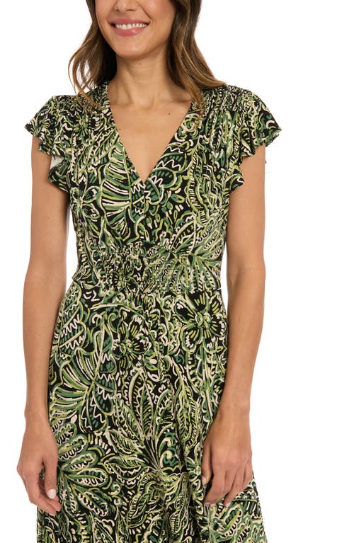 London Times Flutter Sleeve Smocked A-line Maxi Dress In Green