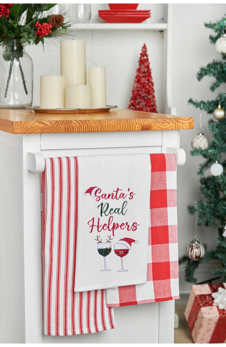 C&F Home Christmas Theme "Santa
s Real Helpers" Red 
White Wine Glasses Cotton Flour Sack Kitchen Dish Towel Decor Decoration  27L x 18W in., Alternate, color, Red