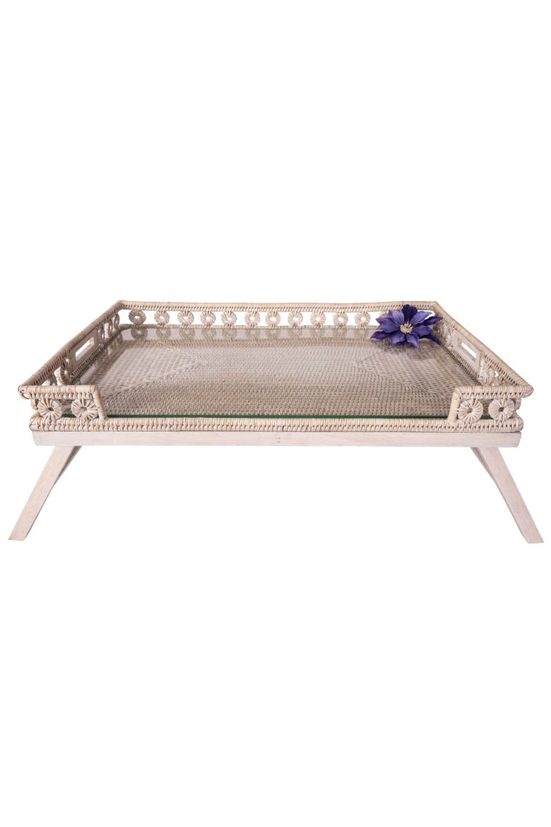 Artifacts Rattan Inna Design Breakfast Tray with Wooden Legs & Glass Insert, Main, color, White Wash