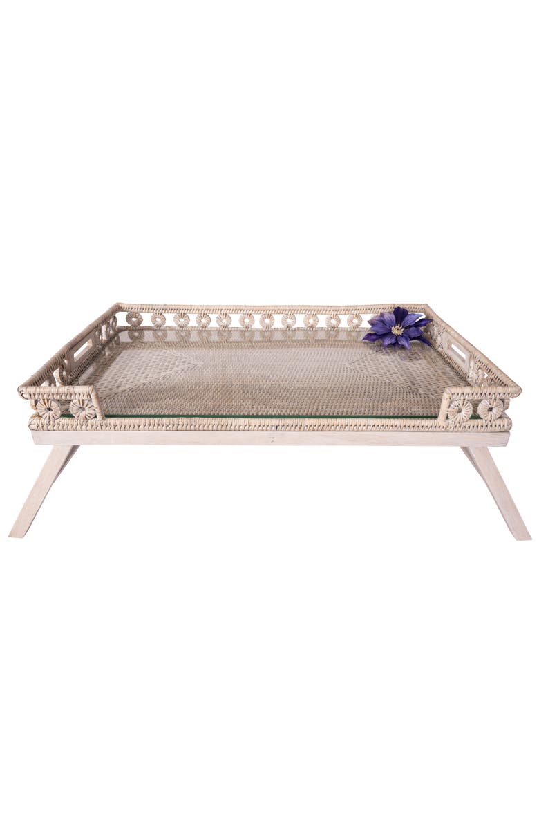 Artifacts Trading Company<sup>™</sup> Artifacts Rattan Inna Design Breakfast Tray with Wooden Legs & Glass Insert, Main, color, White Wash