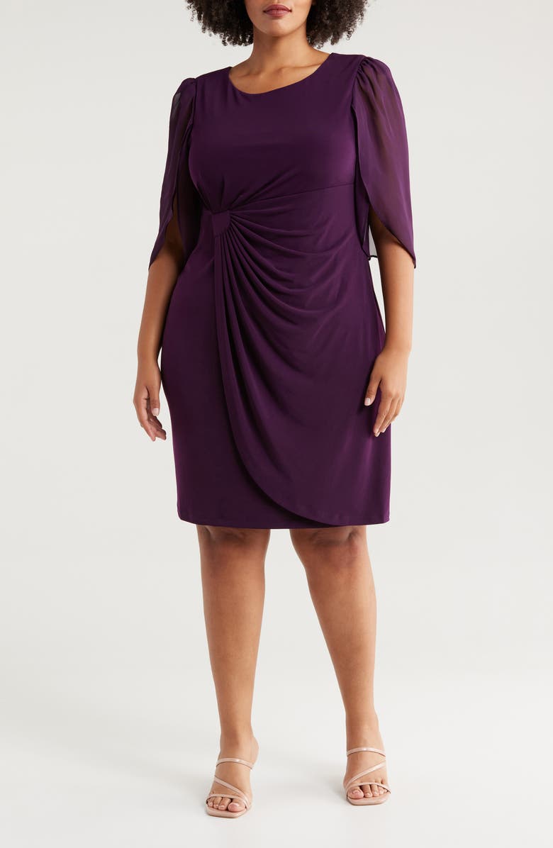 Connected Apparel Chiffon Sleeve Faux Wrap Dress, Main, color, Aubergine