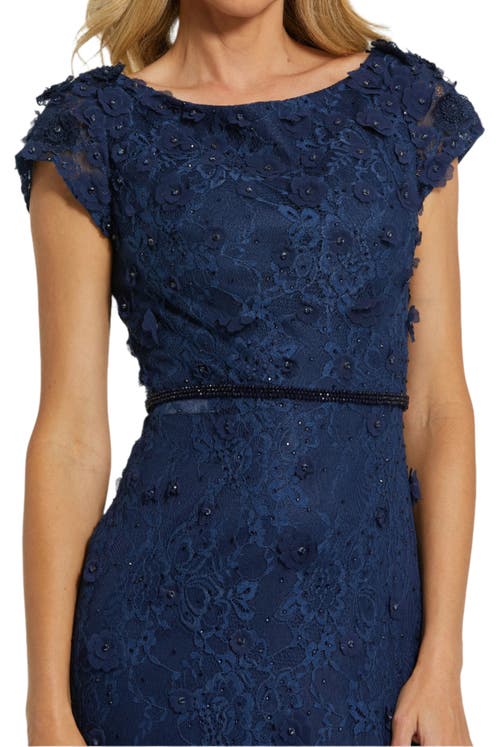 Mac Duggal Floral Applique Boar Neck Short Sleeve Gown In Midnight
