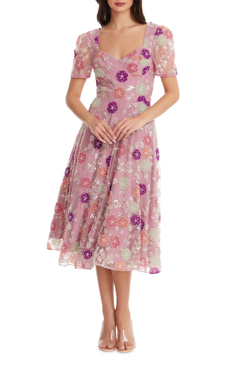 Dress the Population Iliana Beaded Floral Cocktail Midi Dress, Main, color,