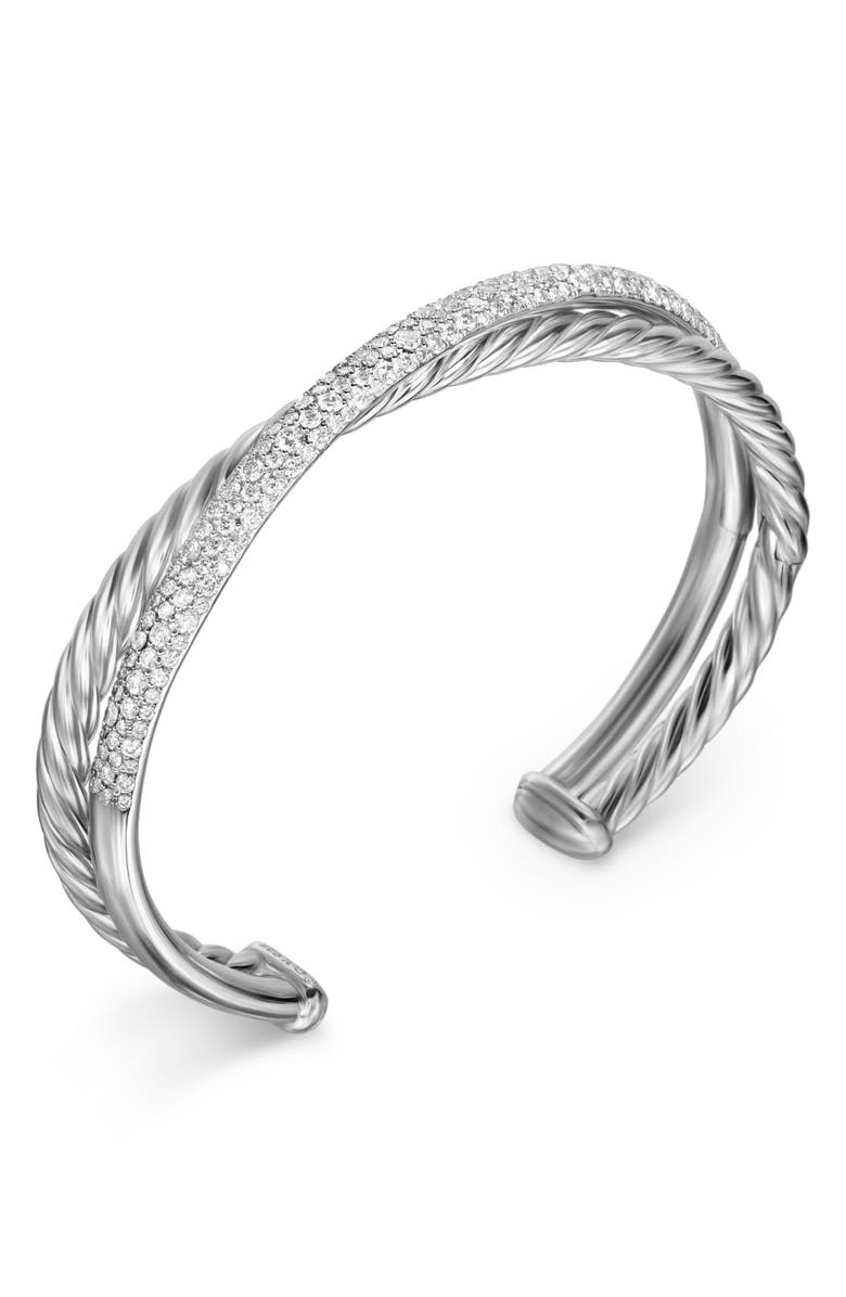 David Yurman Crossover Two-Row Cuff Bracelet in Sterling Silver with Diamonds, 11mm, Alternate, color, Sterling Silver - M