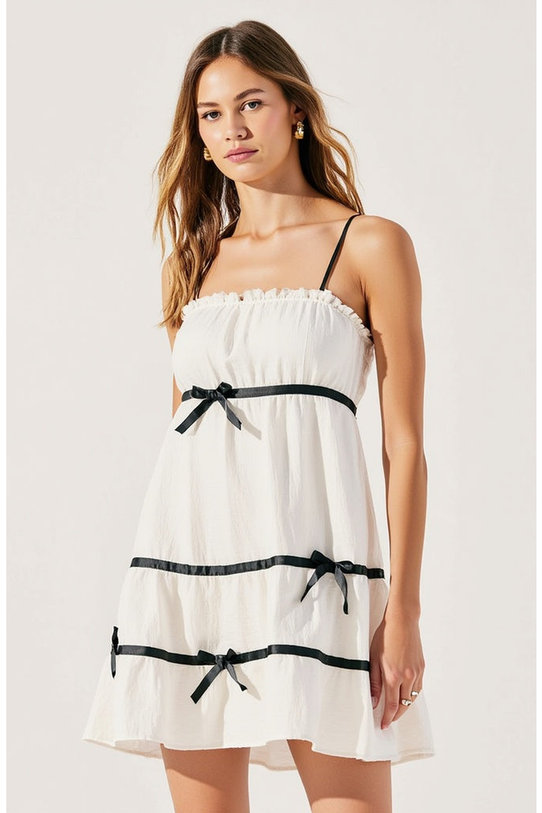 Spaghetti Strap Mini Dress with Ruffled Trim and Bow Accents, Alternate, color, White / Black Trim