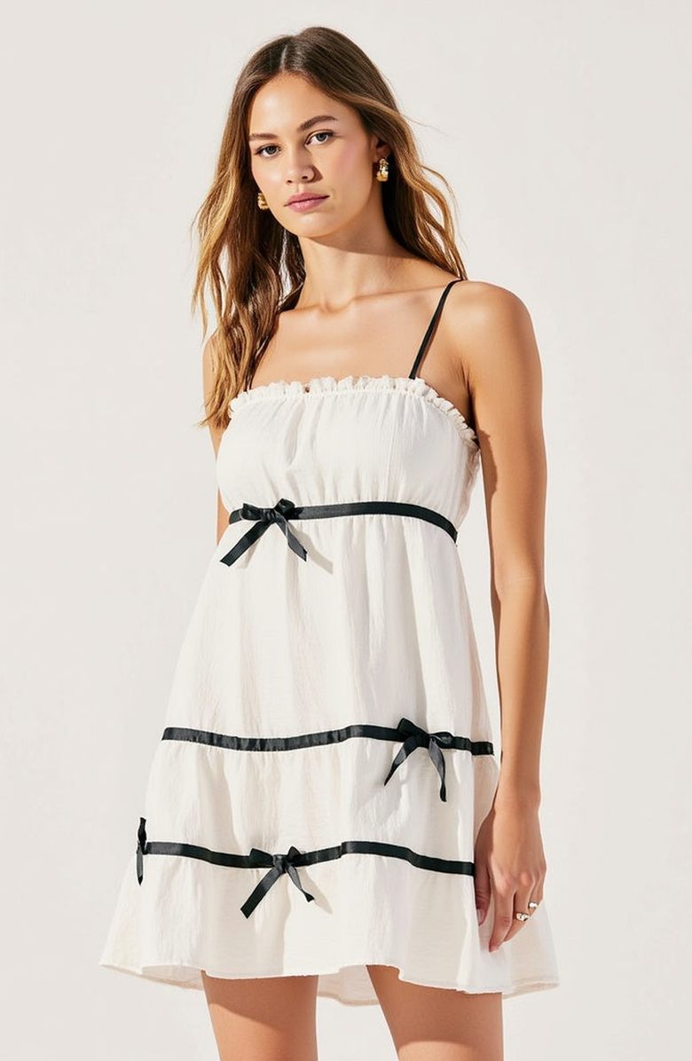 Modenaire Spaghetti Strap Mini Dress with Ruffled Trim and Bow Accents, Alternate, color, White / Black Trim