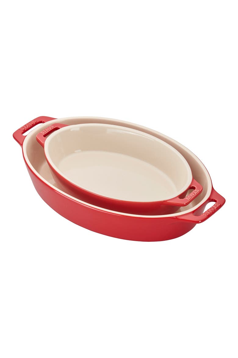 2-Piece Enameled Ceramic Oval Baking Dishes, Main, color, CHERRY