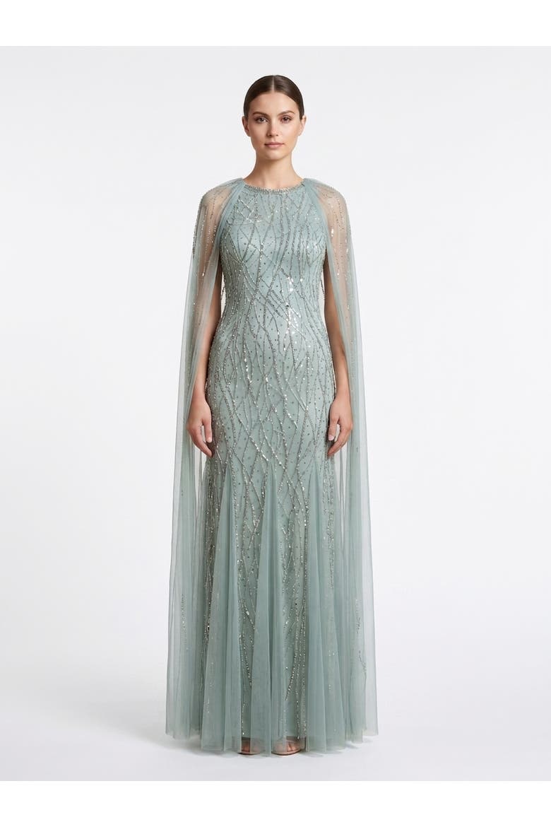Elegant Beaded Dress with Long Cape, Main, color, Dusty Green