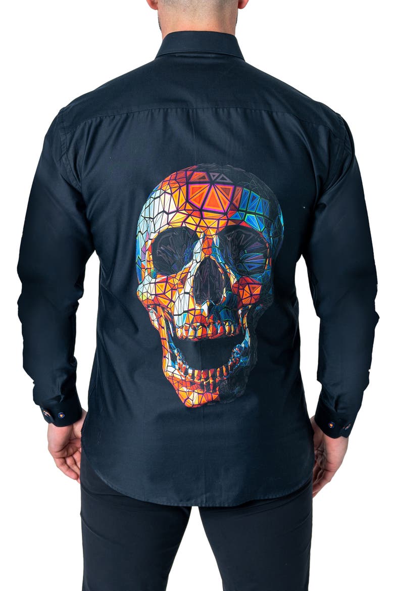 Fibonacci Skull Prizm Cotton Button-Up Shirt, Alternate, color, BLACK