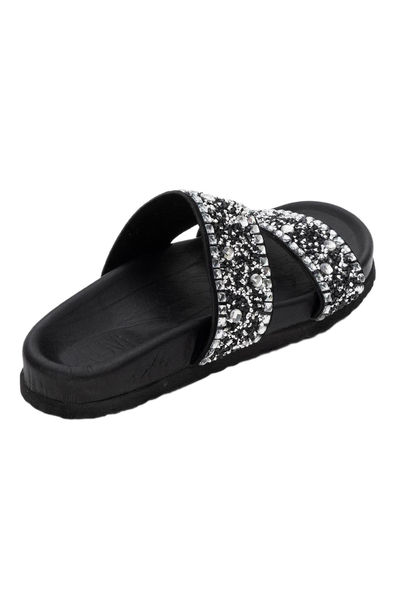 Forever & Always Shoes Jamie Leather Double Strap Slide Sandal with Stones, Alternate, color, Black Leather