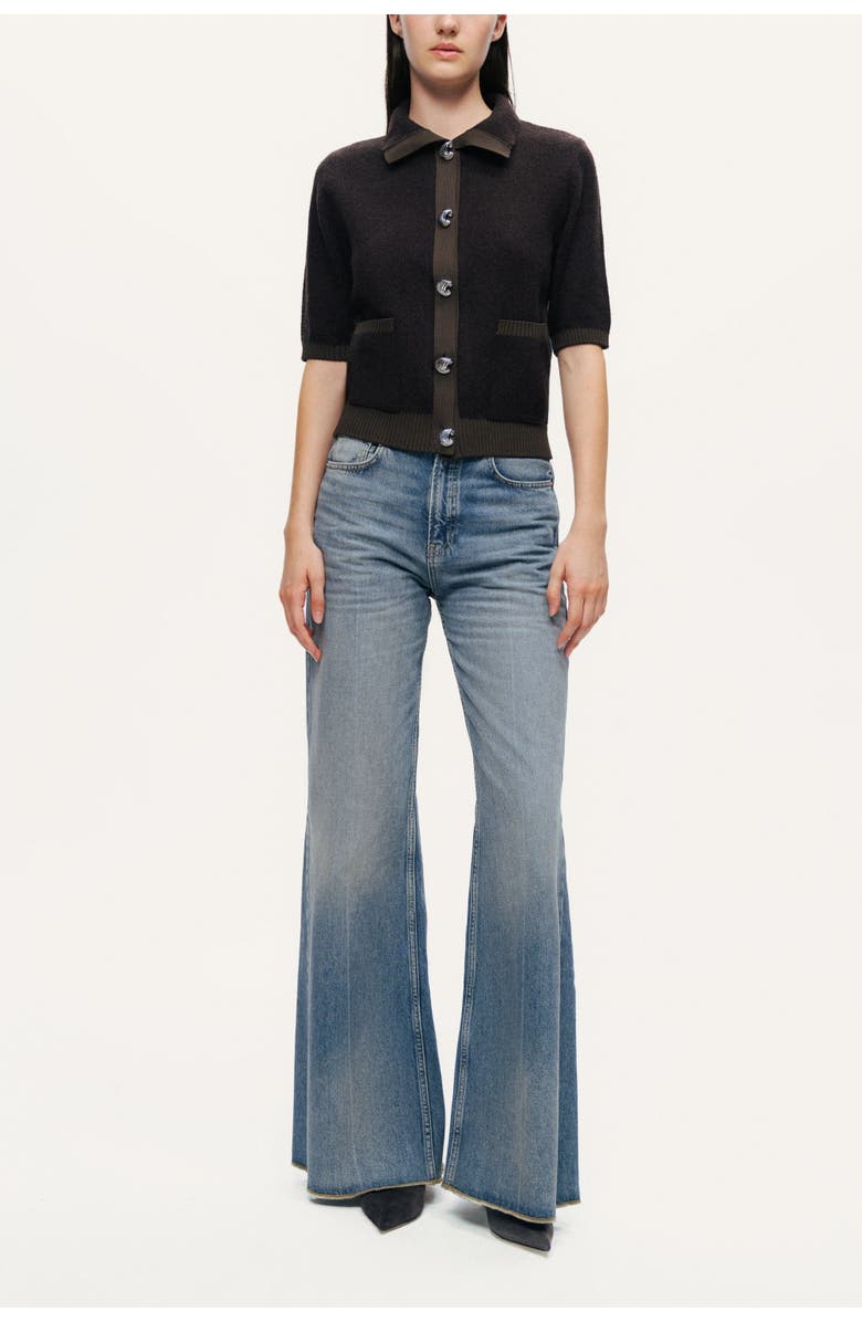 Nocturne Contrast-Trim Short-Sleeve Cardigan, Main, color, Brown