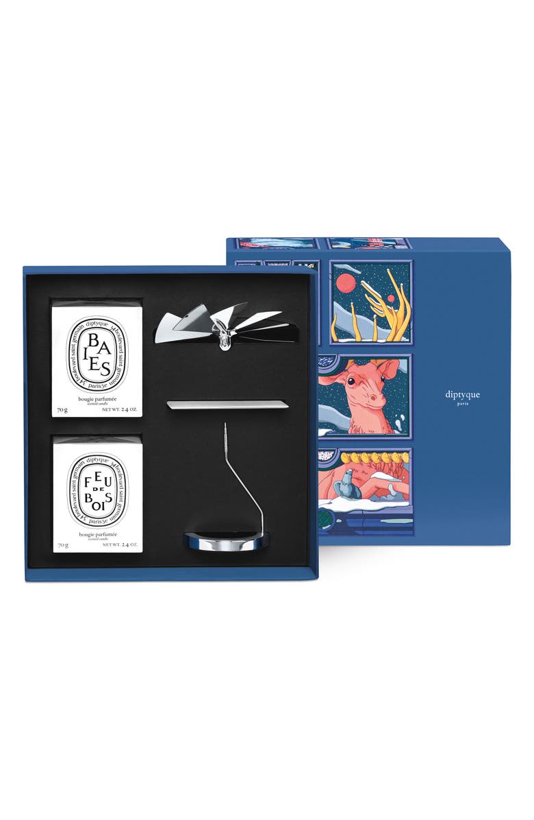 Diptyque Baies & Feu de Bois Candle & Carousel Set, Main, color,