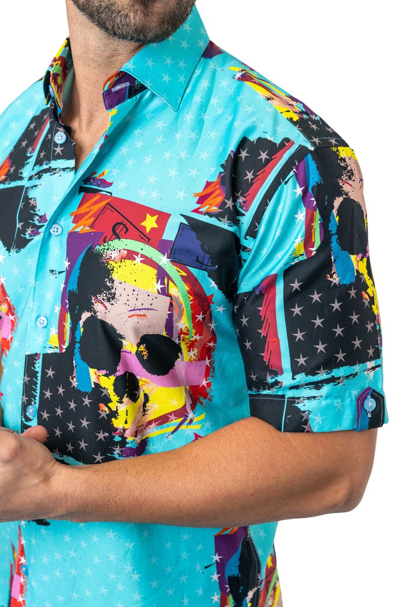 Maceoo Galileo Skullstar Blue Short Sleeve Button-Up Shirt, Alternate, color, 