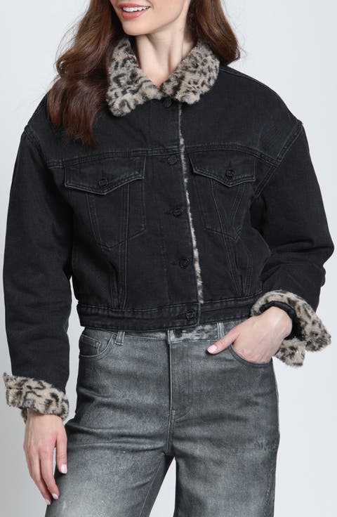 Midnight Leopard Faux Fur Trim Trucker Jacket