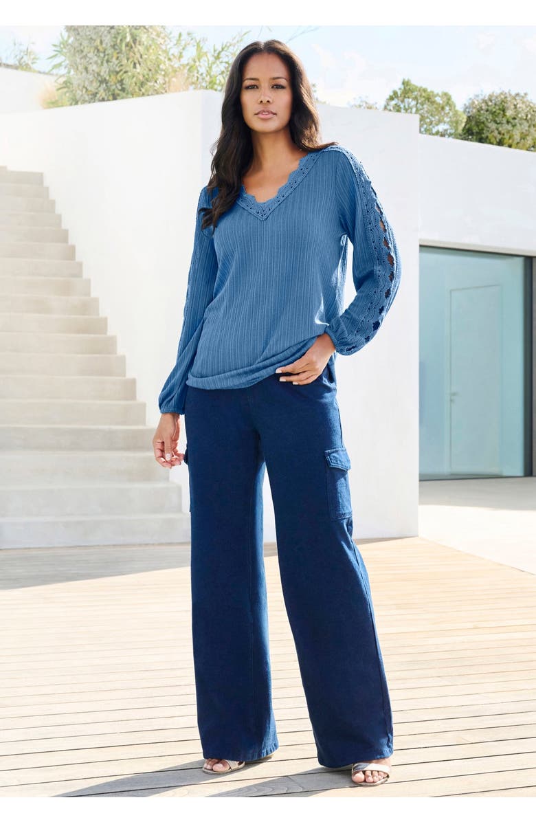 Roaman's Lace Trim and Appliquéd Tee, Alternate, color, Dusty Indigo