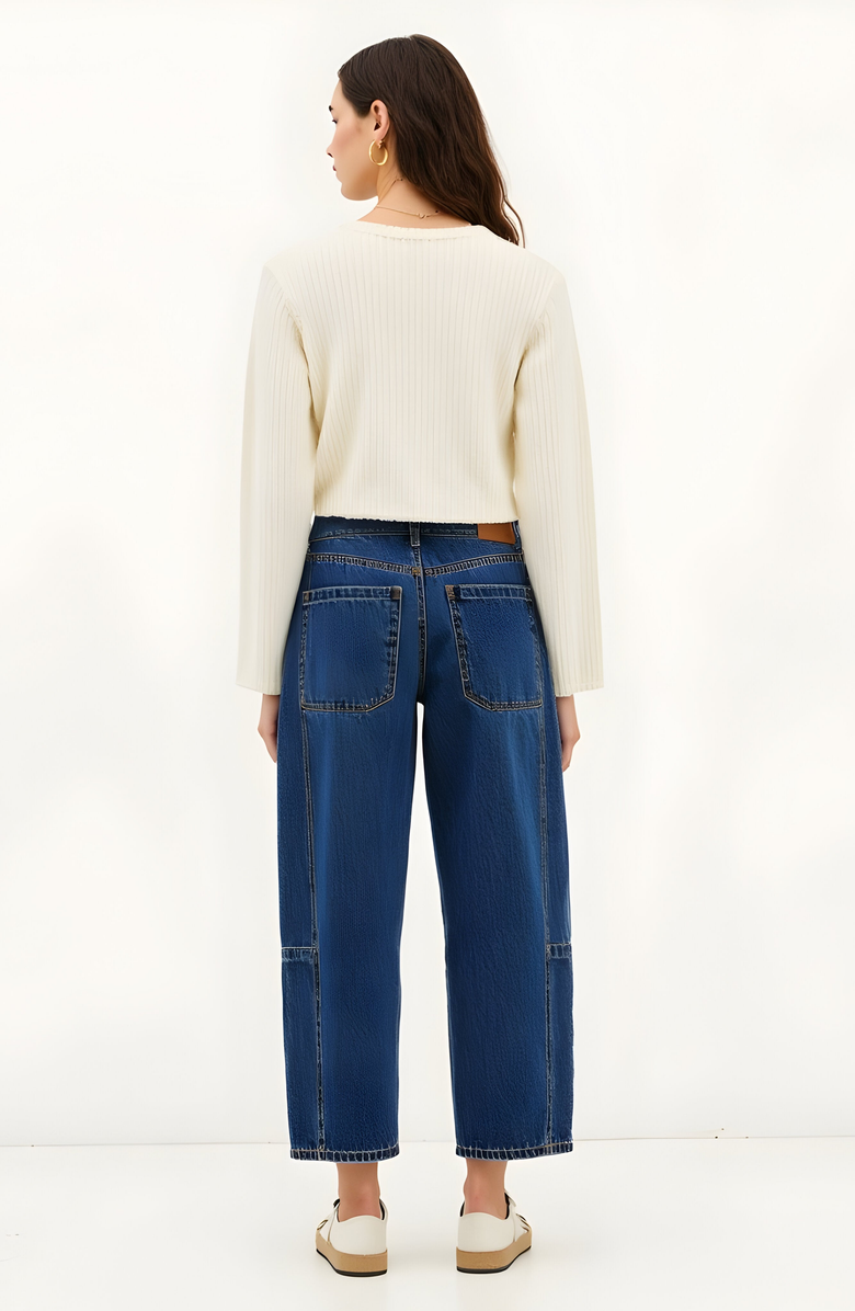 Modenaire Barrel Leg Denim Pants with Contrast Seams, High Waist and Pockets, Alternate, color, Dark Blue