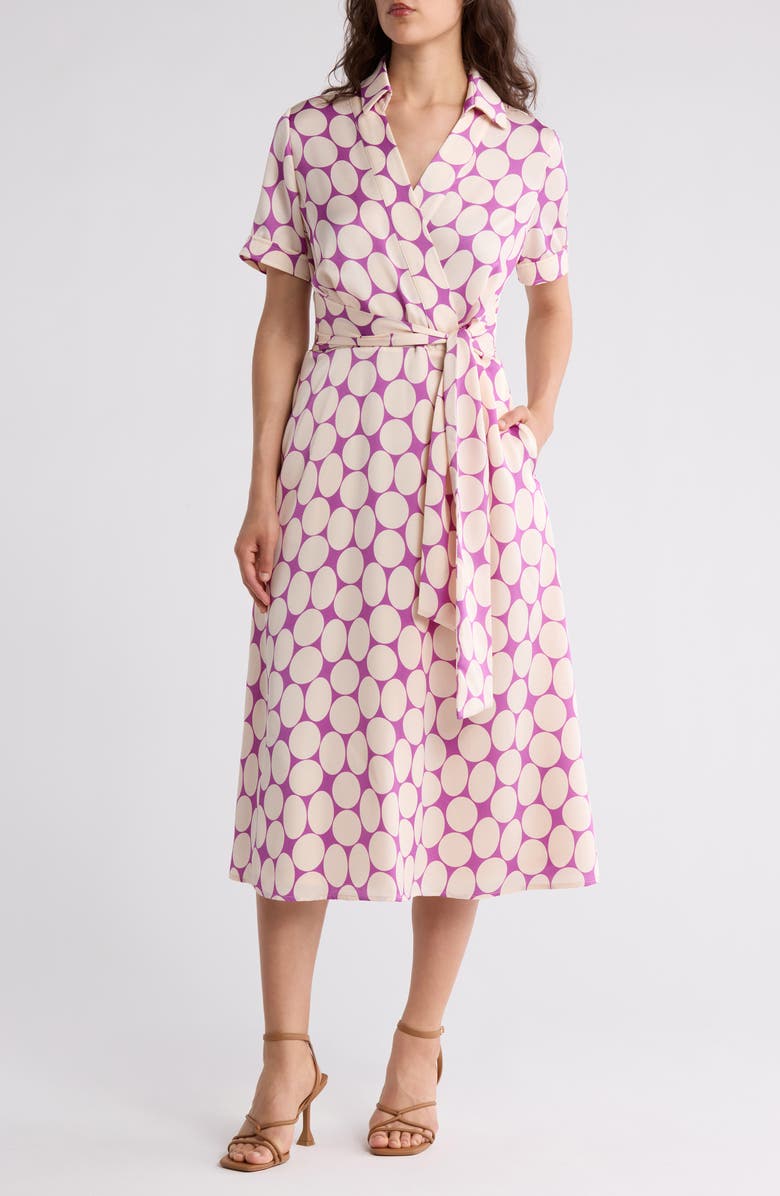 Tahari ASL Polka Dot Short Sleeve Faux Wrap Shirtdress, Main, color, Orchid Sand