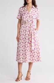 Tahari ASL Polka Dot Short Sleeve Faux Wrap Shirtdress