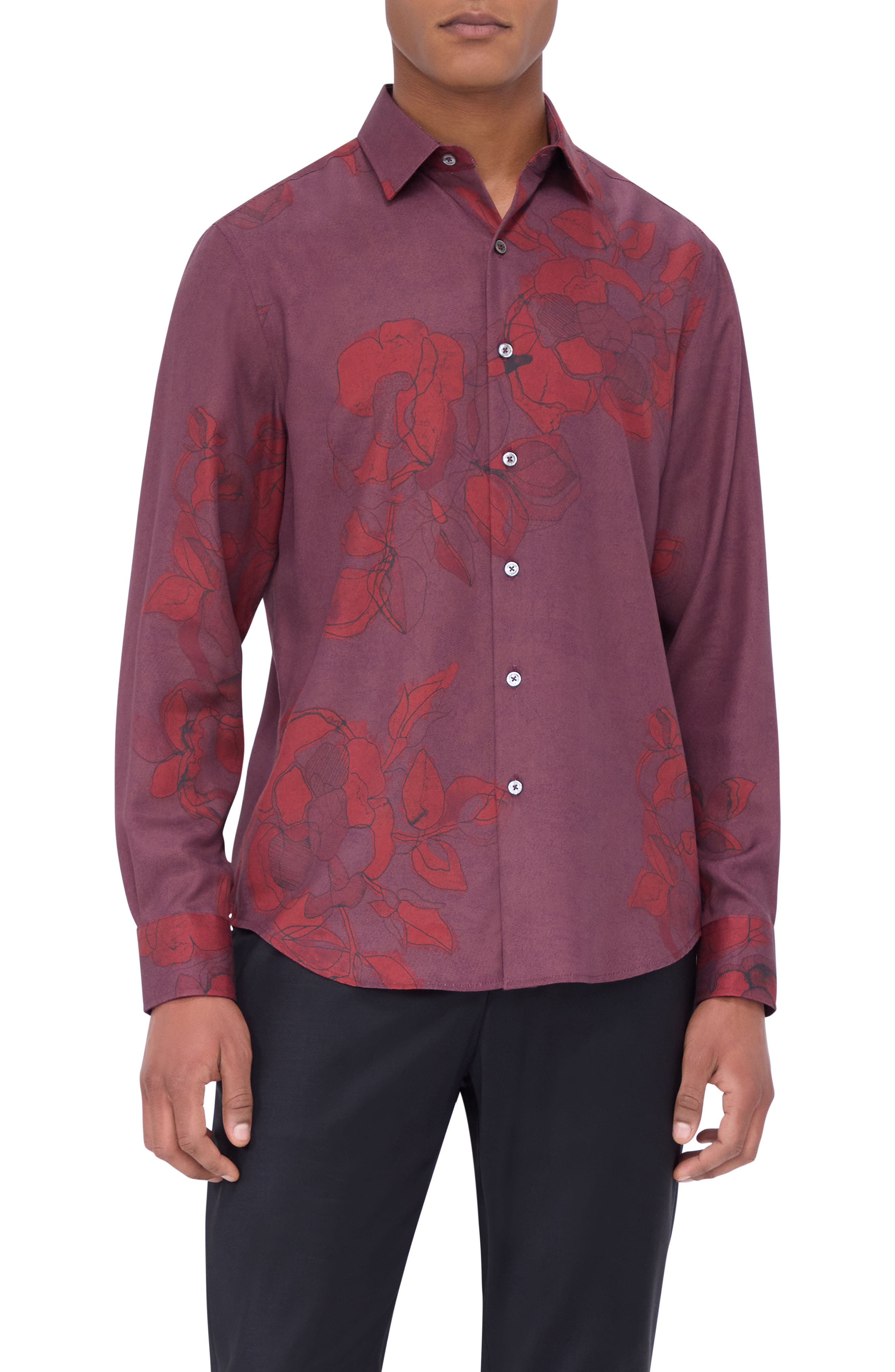 Bugatchi Julian Shaped Fit Print Button-Up Shirt in Cabernet 