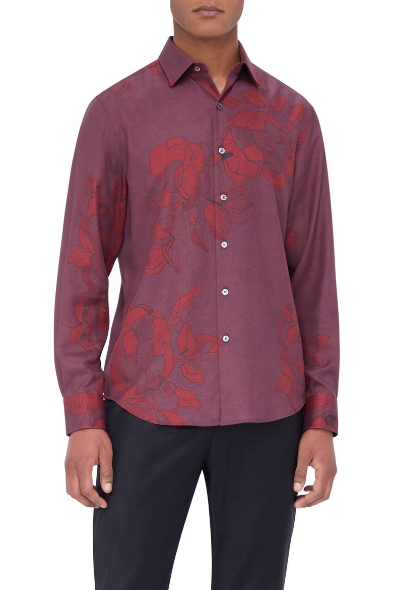 Julian Shaped Fit Print Button-Up Shirt, Main, color, CABERNET