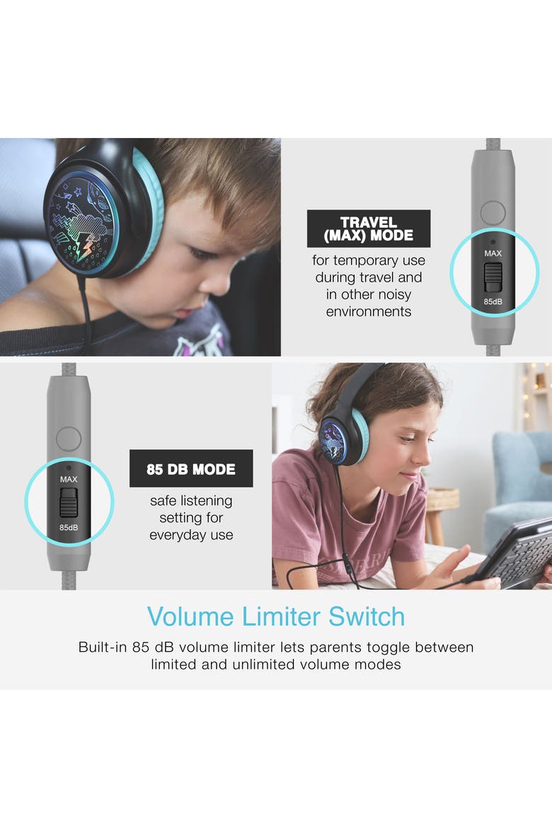 KidJamz KJ65U Safe Listening USB-C Over-Ear Headphones for Kids with LED Lights, Alternate, color, Black
