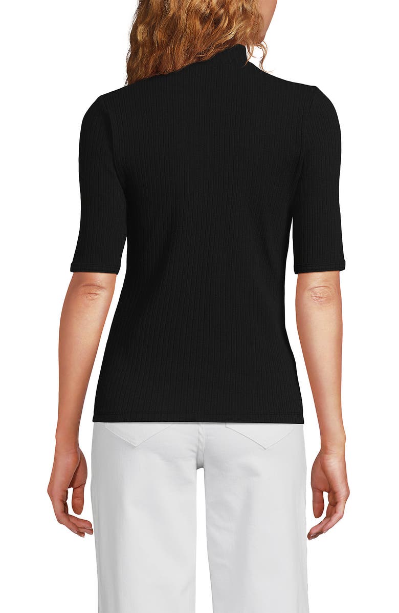 Lands' End Elbow Sleeve Pointelle Rib Mock Neck, Alternate, color, Black