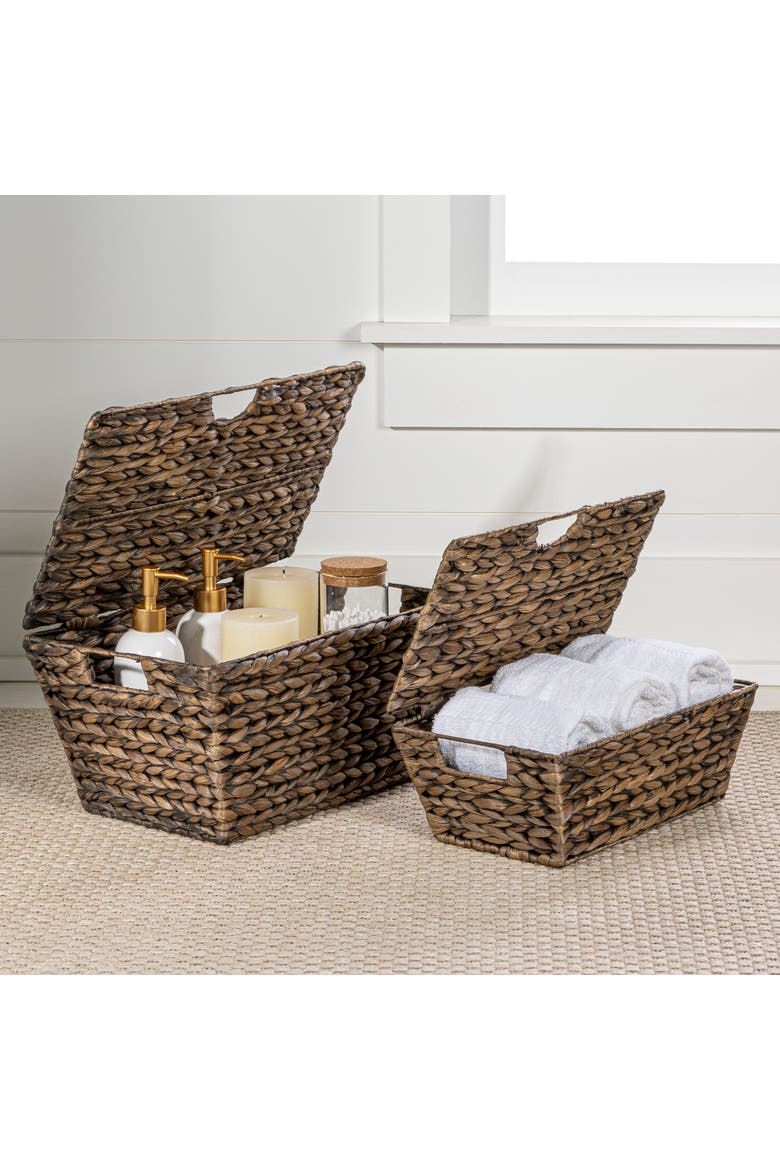 Wilder Classic Farmhouse Woven Hyacinth Rectangular Storage Baskets with Lids and Handles, Main, color, Brown